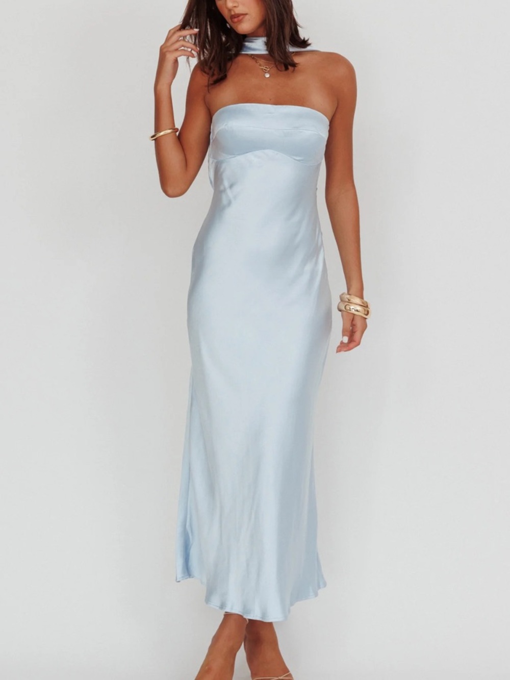 Selfie Leslie Damsel Reverse Halter Maxi Dress Baby Blue